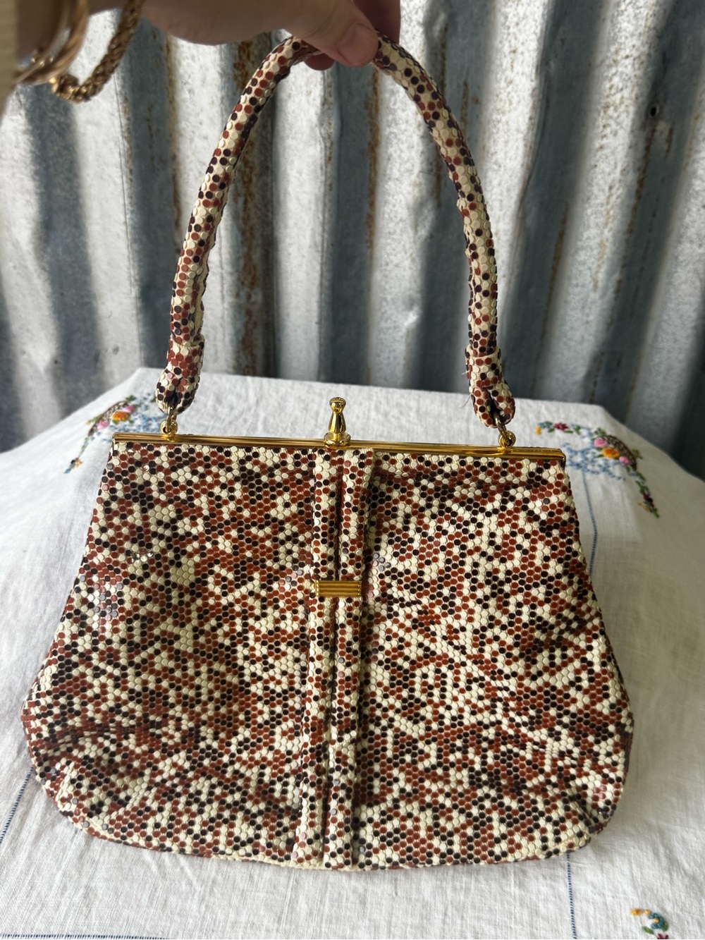 Vintage Lumured Cream and Brown Corde Beaded Top-Handle Bag